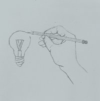 Drawing of a hand holding a pencil, drawing a lightbulb