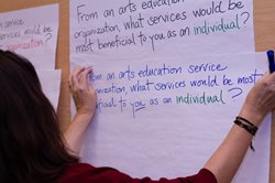 “From an arts education service organization, what service would be most beneficial to you as an individual?” written on a large sheet of paper.