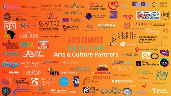 An orange to yellow ombre background with the title Arts Connect Houston Arts & Culture Partners in the center surrounded by 90+ Houston arts organization logos.