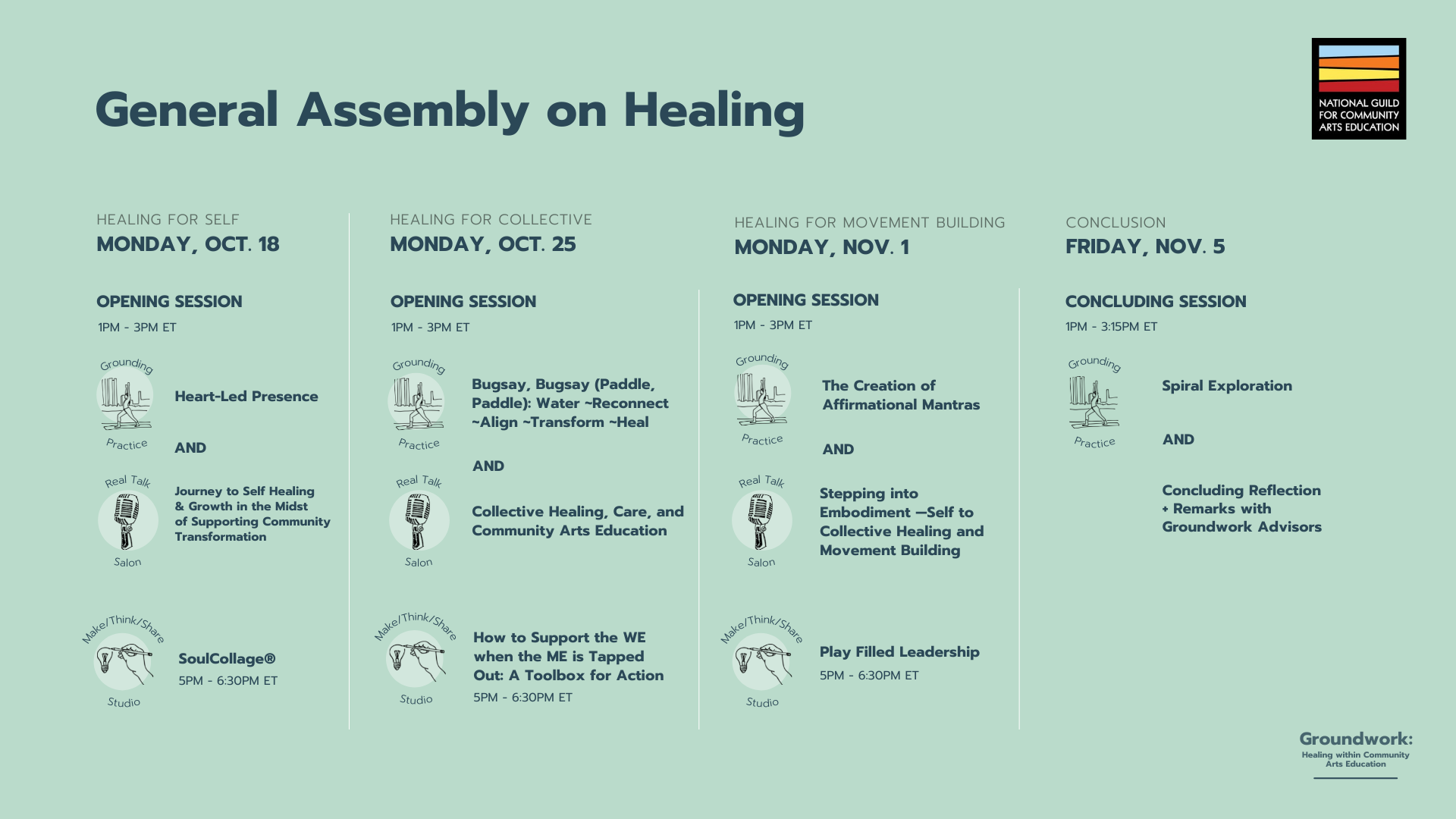 Graphic of the Groundwork General Assembly on Healing track schedule. Session info for this track can also be found below.