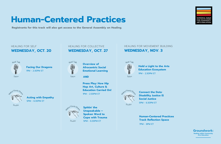 Graphic of the Groundwork Human-Centered Practices track schedule. Session info for this track can also be found below.