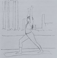 Drawing of a person on a yoga mat, stretching
