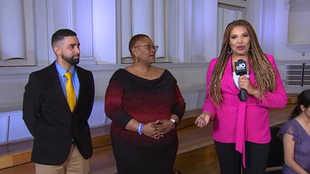 NBC 10 Boston anchor Latoyia Edwards and Project STEP program leaders Mariana and Josué standing next to each other - still from the Kelly Clarkson show.